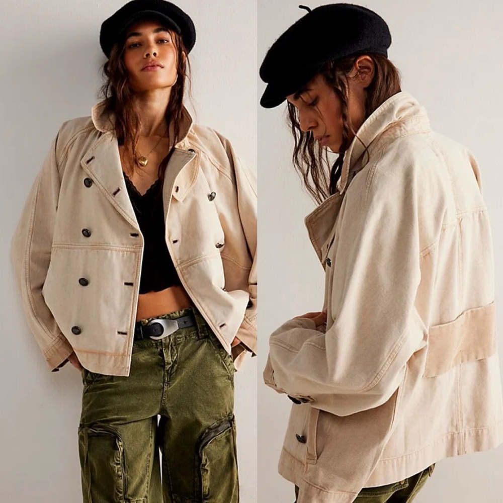 NWT Free People Viva Surplus Peacoat Cropped Trench Jacket Morning Oat - Picture 1 of 7